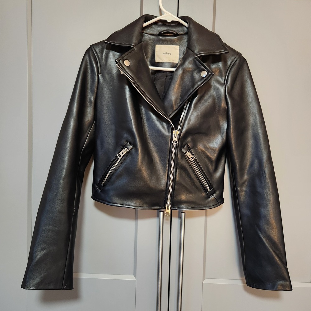 Aritzia 2XS Wilfred Stunner Jacket XXS Black Faux Leather Moto Biker Vegan Zip